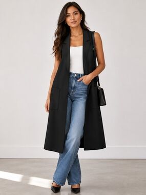 Kaari Blue Women's Black Sleeveless Longline Open Front Vest w/ Pockets Size XS